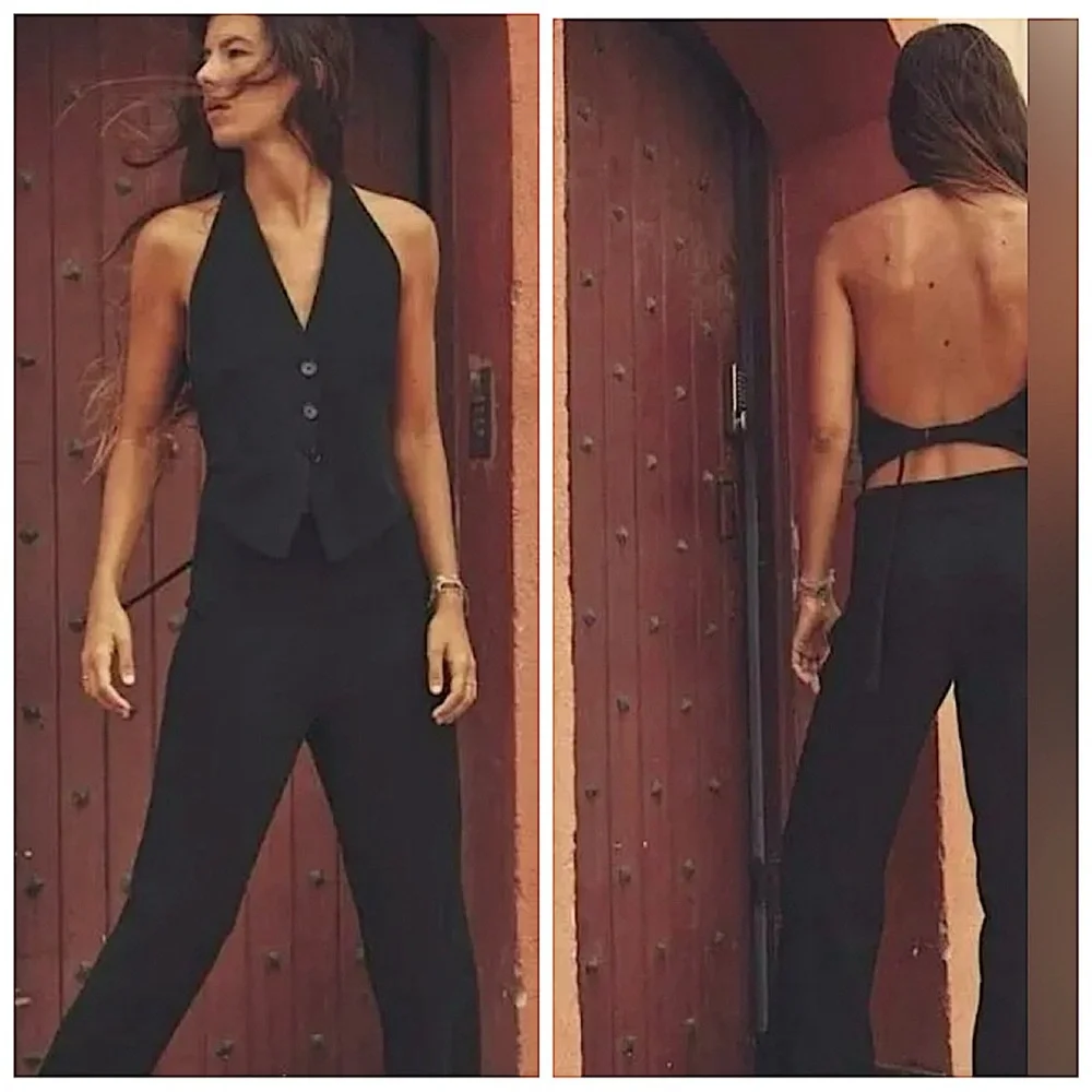 Zara Open Back Halter Vest Waistcoat Top Black, V-Neck Tie Back, sz. Small